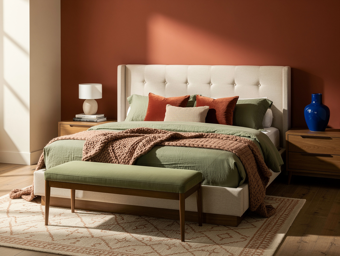 Wide atmospheric home-decor photograph of a calm custom-looking bedroom centered
