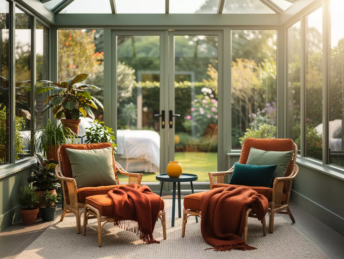 Realistic wide editorial interior photo of a bedroom-adjacent conservatory with