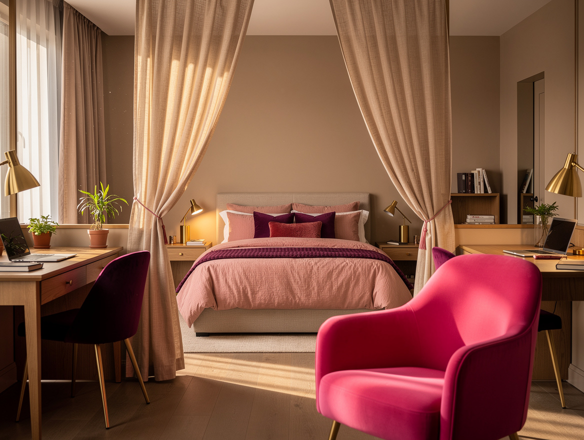 Realistic wide editorial bedroom interior with a calm sleep zone, two independen