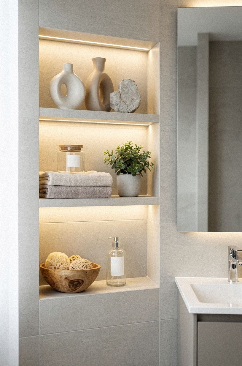 Layer the Three-Height Light Stack beside your shower shelf