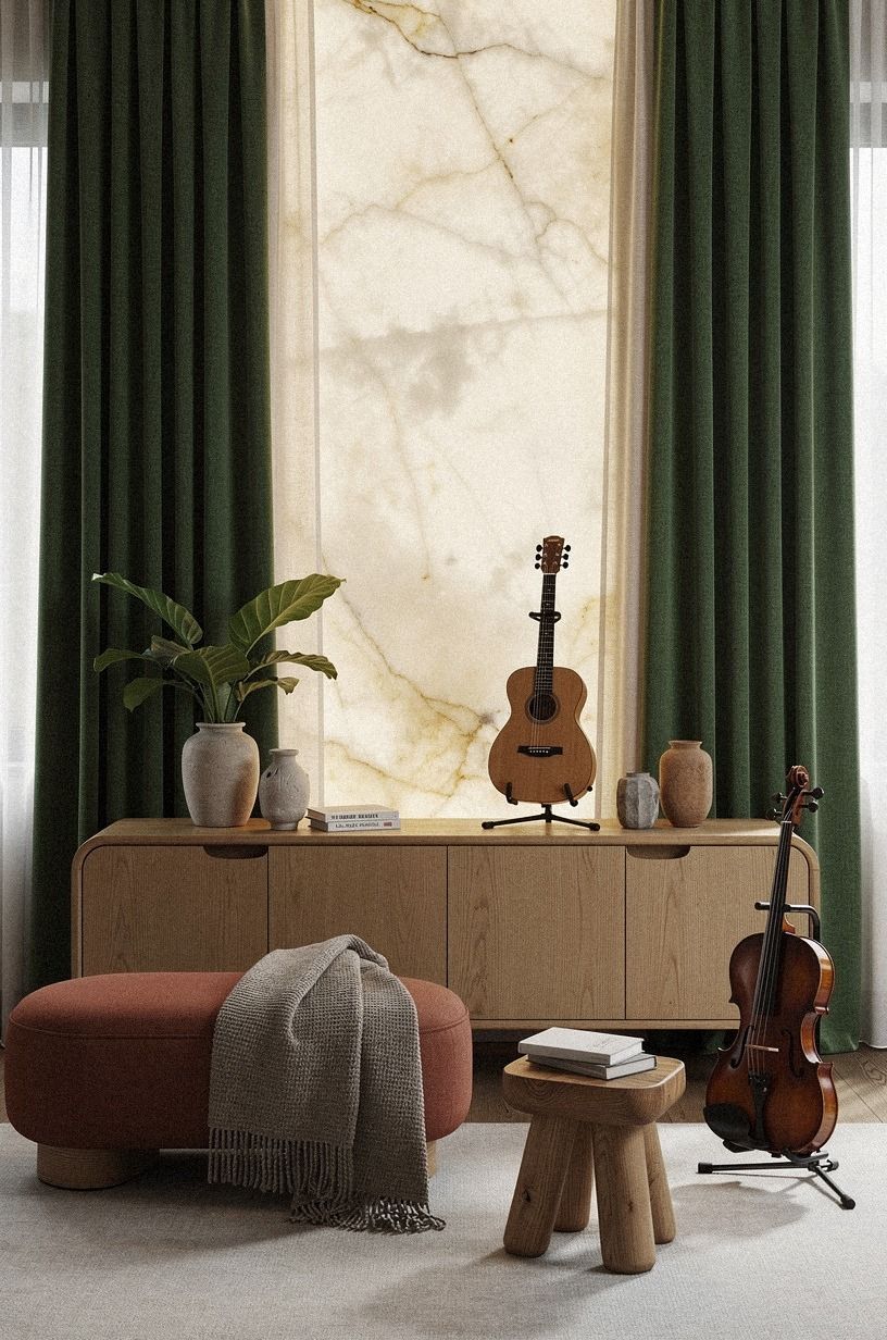 Hang curtains high for a softer acoustic edge