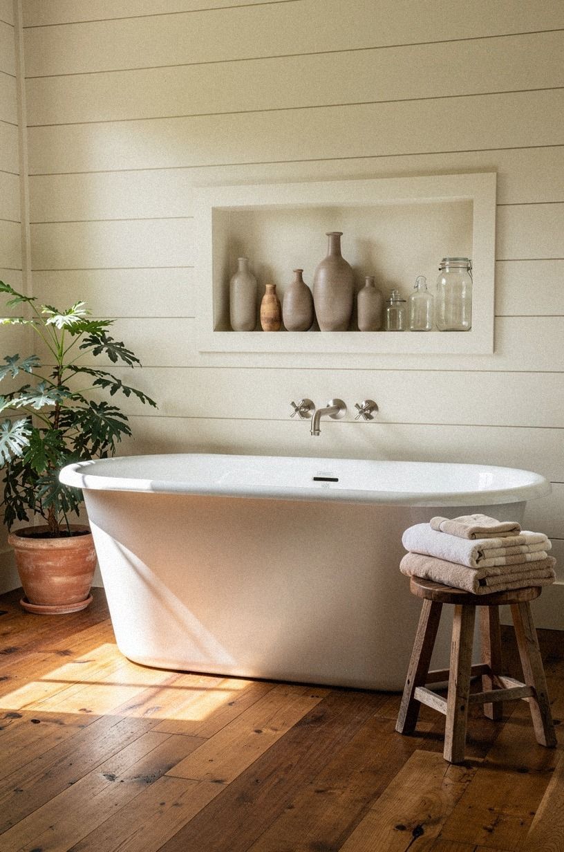 Add a narrow stool for farmhouse bathroom storage