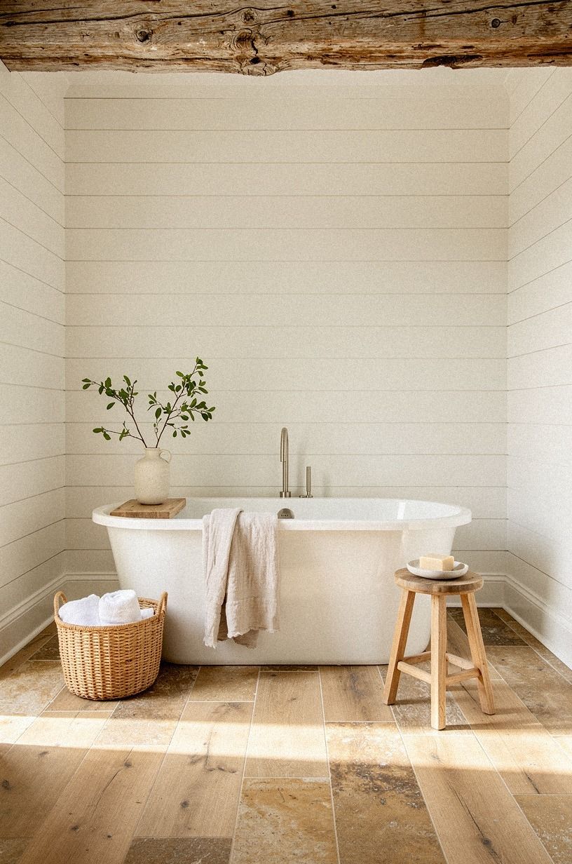 Float a reclaimed beam as a slim picture ledge
