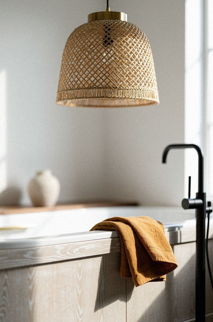 Hang a woven pendant above the bathing zone