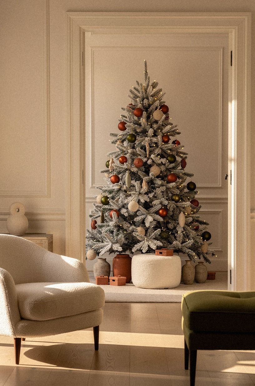 Anchor the Base with Snowy Christmas Tree Decor
