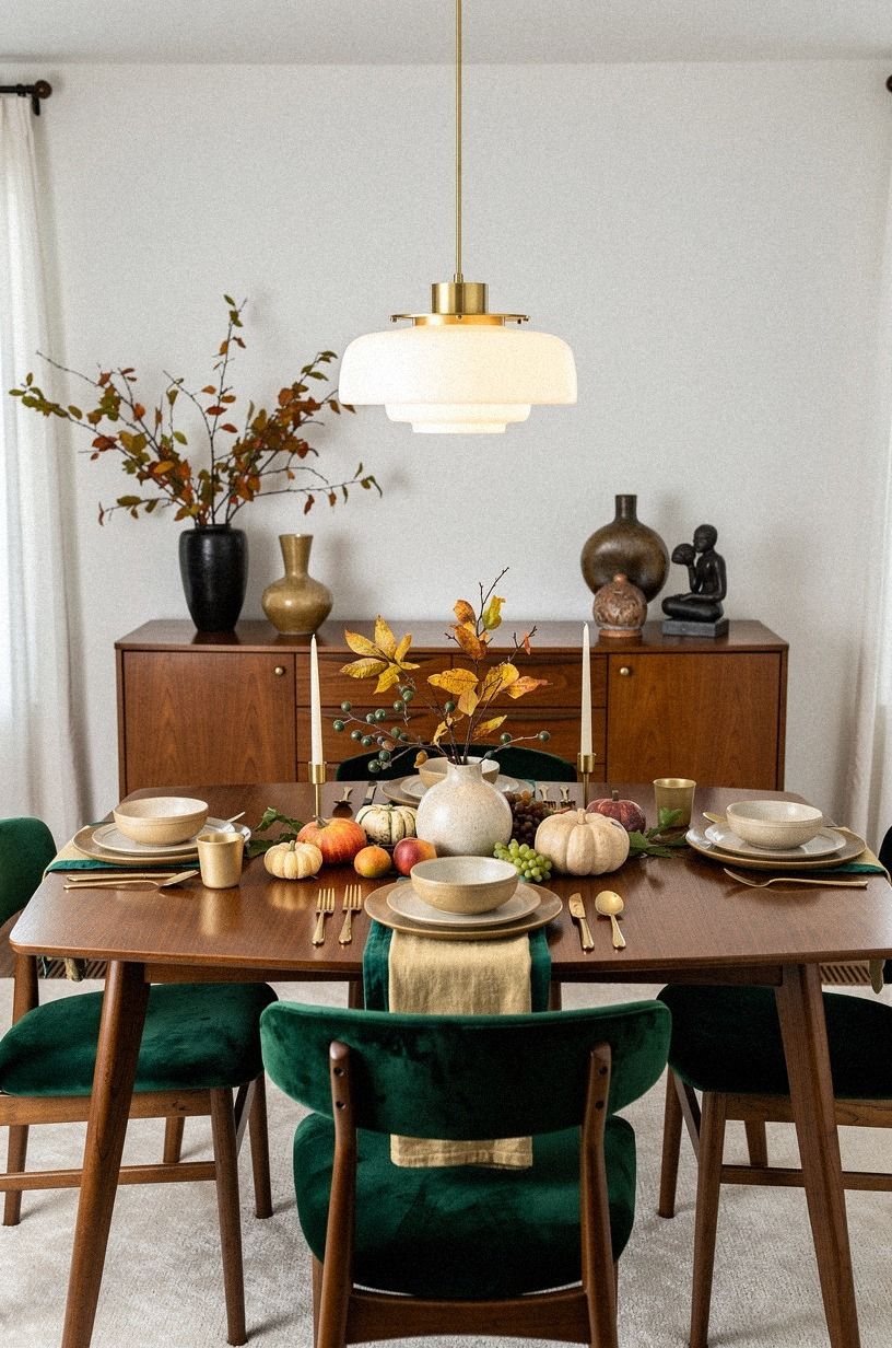 Anchor the room with friendsgiving decorations in warm wood