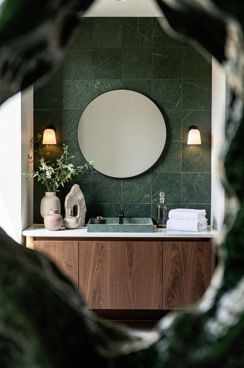 Hang a Round Mirror Over Dark Green Tile