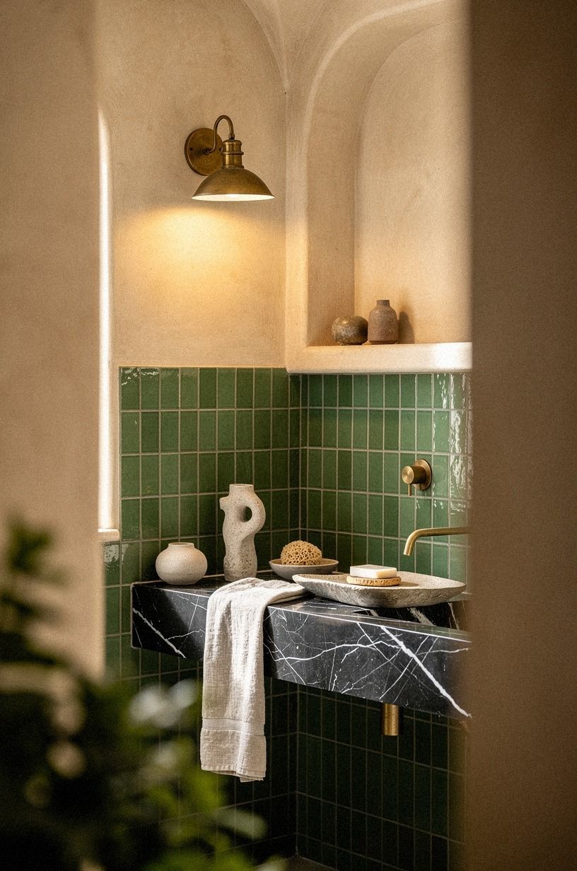 Layer green ceramic tile with sun-washed plaster