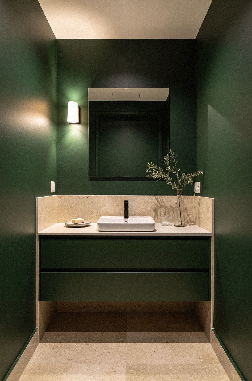 Anchor the vanity with Benjamin Moore Chestertown Buff