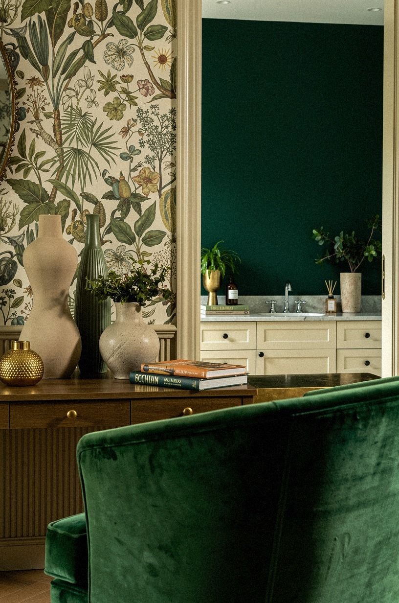 Mix botanical wallpaper with one strong wall