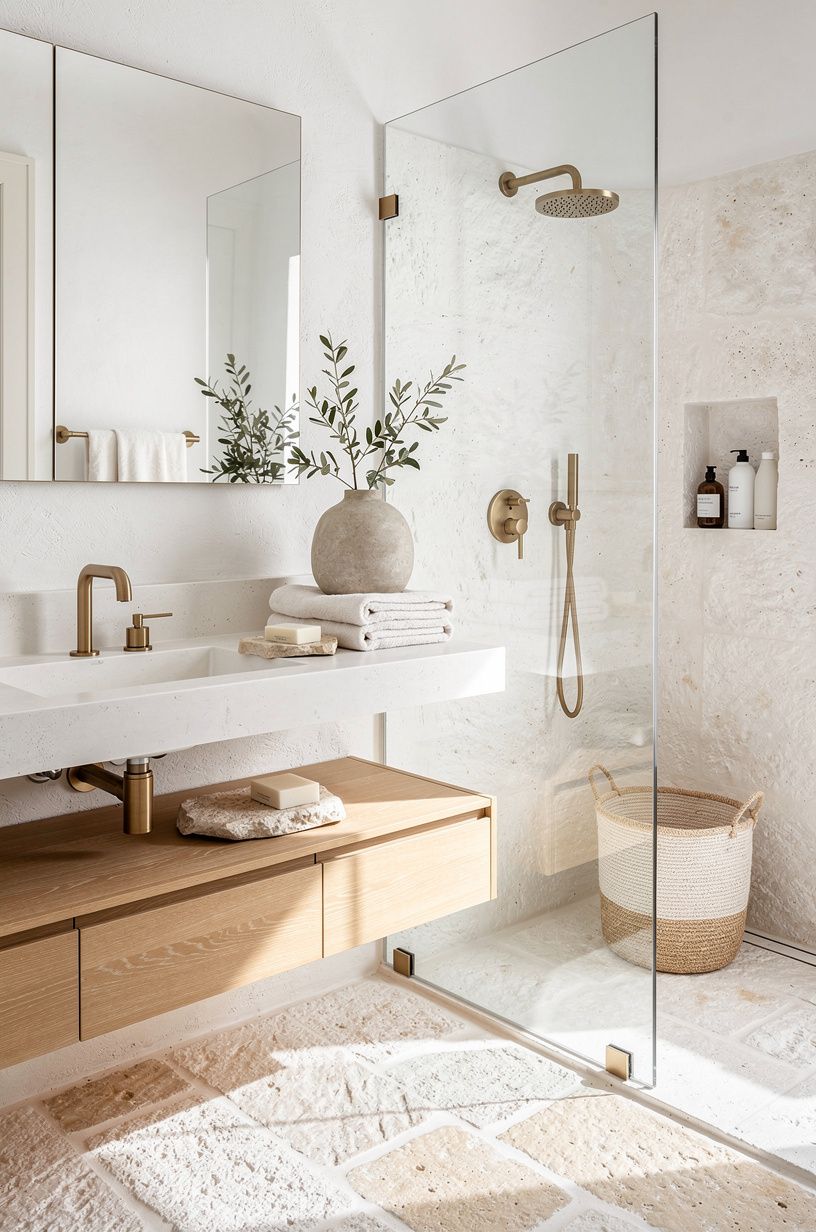 Float a slim oak vanity with the Open-Ground Effect