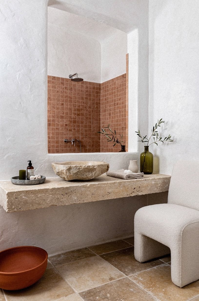 Layer the Three-Texture Rule for a white Mediterranean bathroom