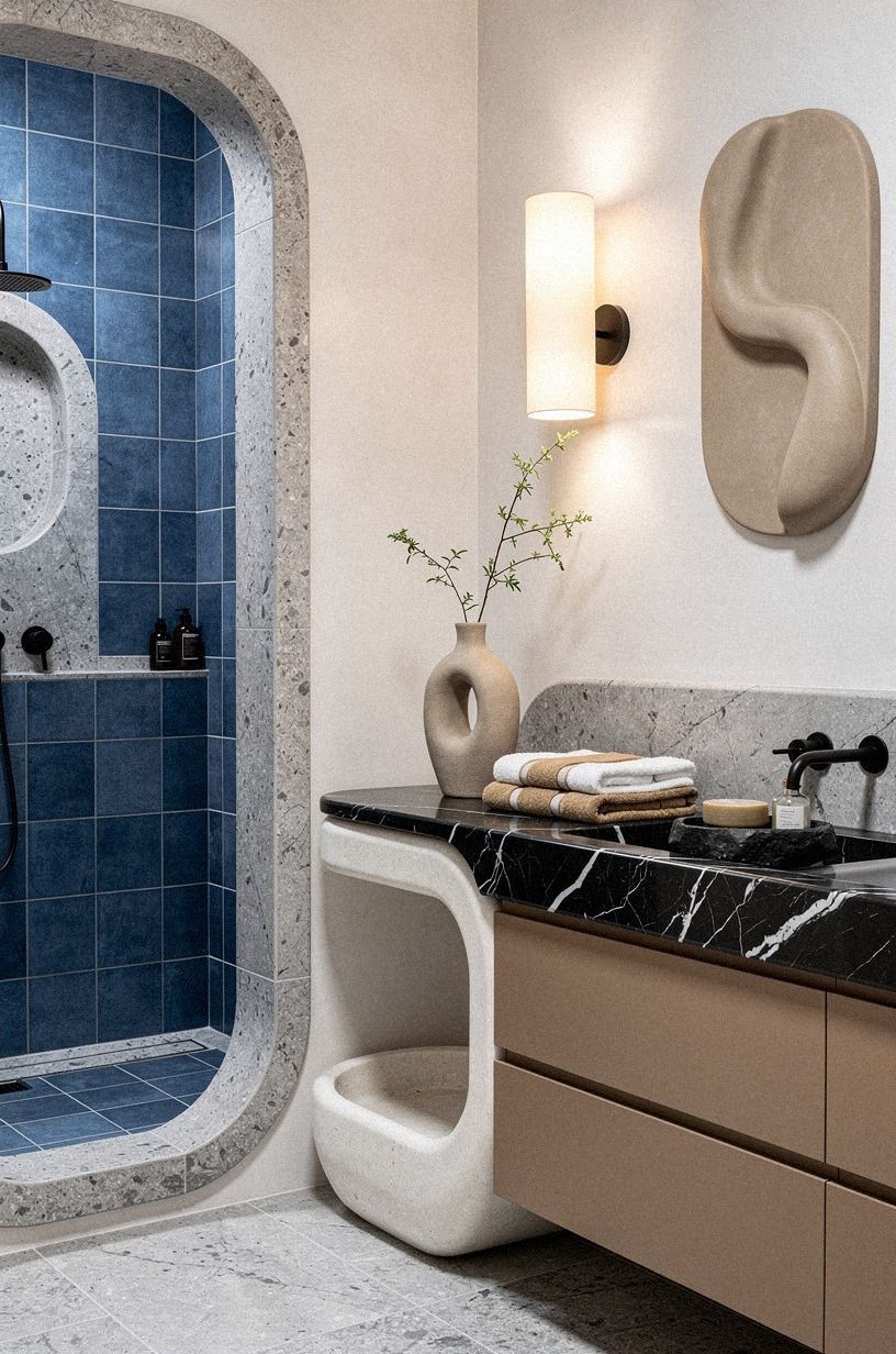 Mix Blue Tile With Grey Stone Texture