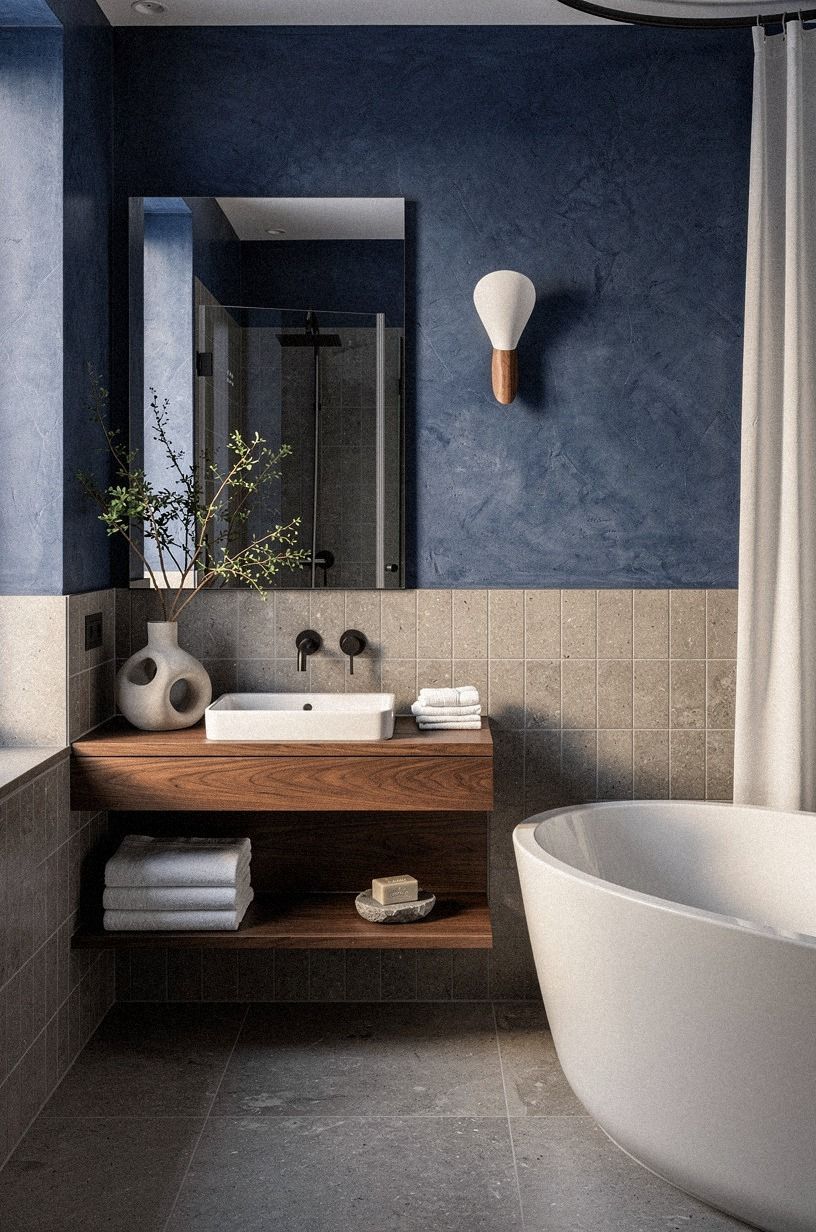 Paint Blue Walls Above Warm Grey Tile