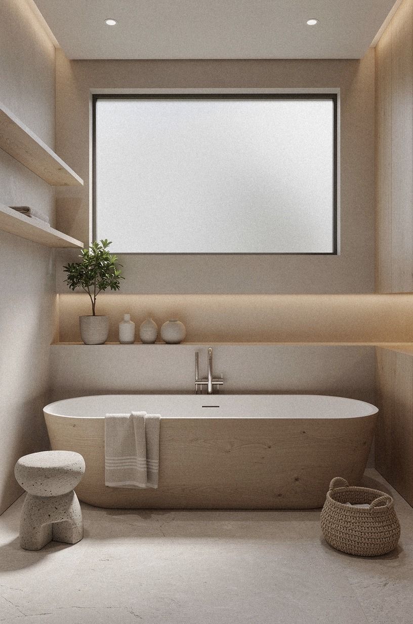 Anchor a Japandi Bathroom with a Low Walnut Stool