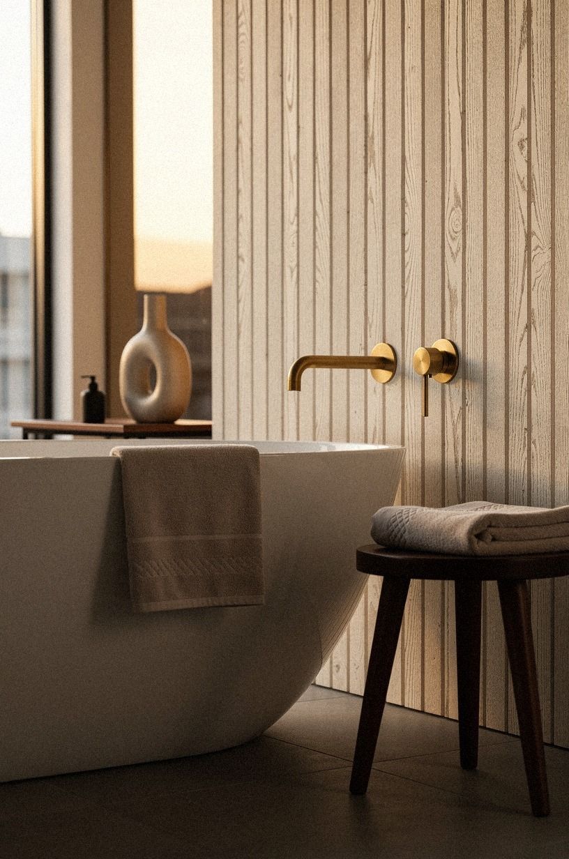 Float the Tub Beside a White Oak Slat Wall