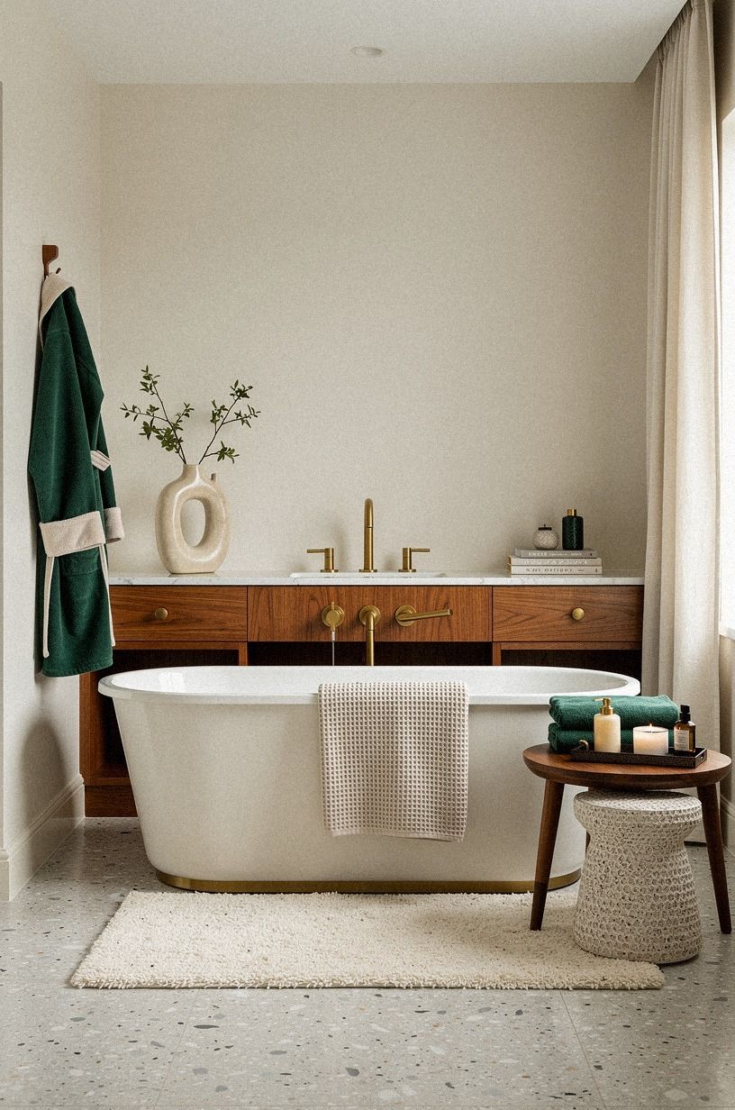 Layer Soft Textiles for a Cozy Bathroom with Freestanding Tub