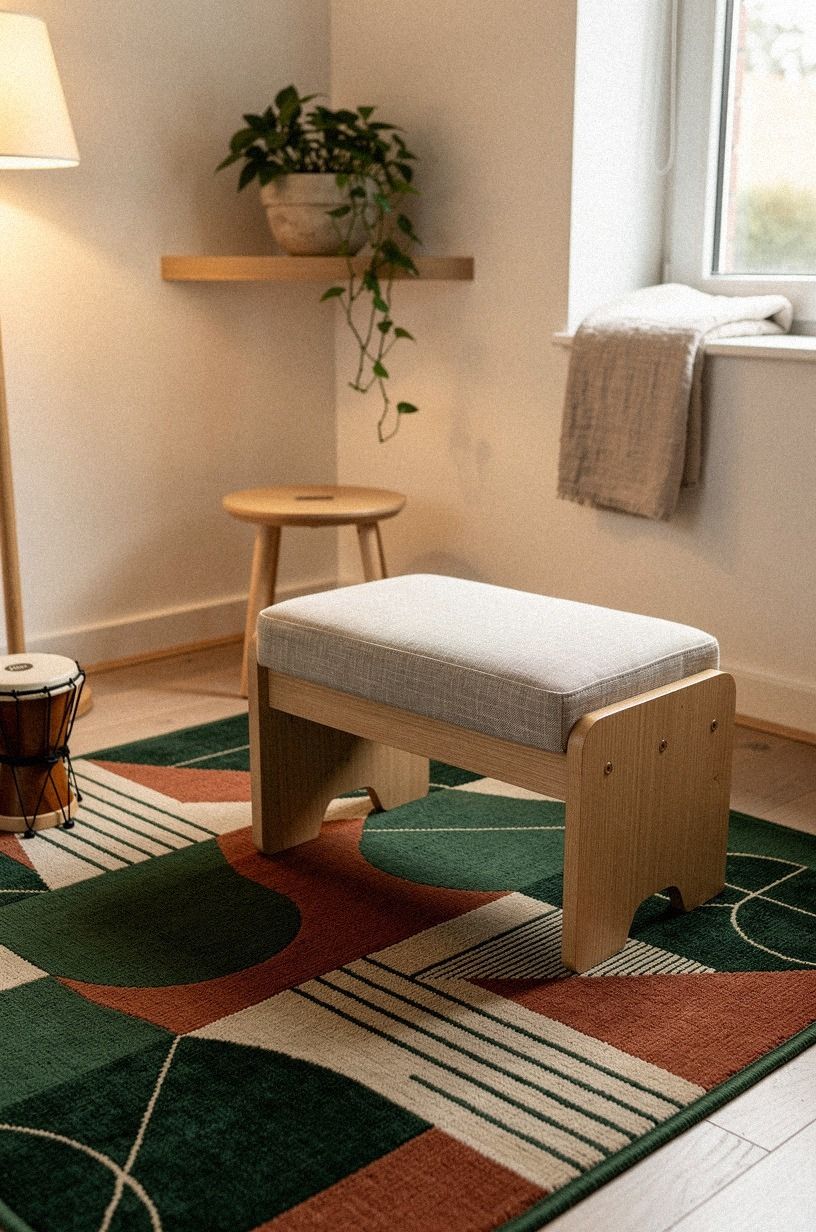 Mix a 5x7 play rug with a firm music seat