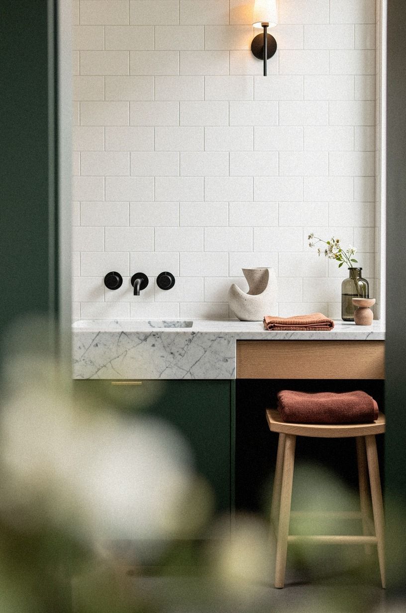 Stone Against Soft White Tile