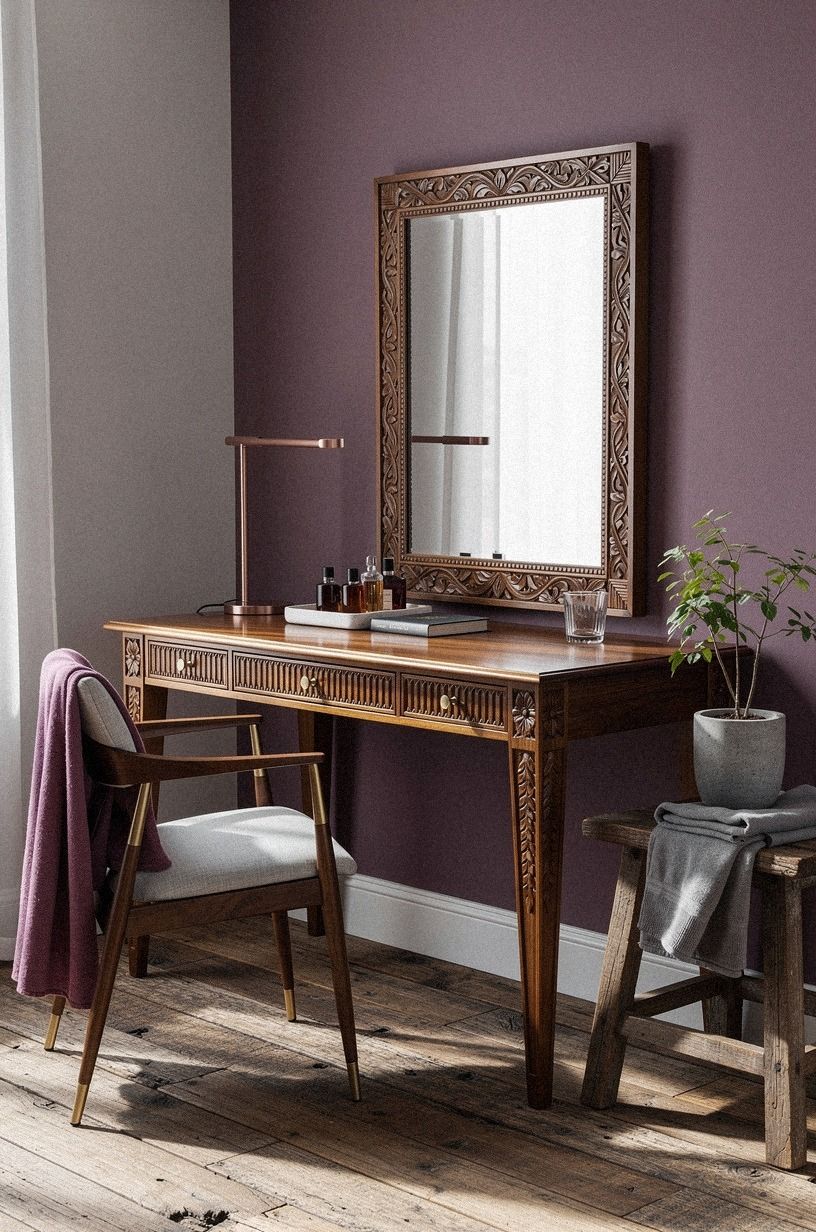 Anchor the room with a carved walnut vanity
