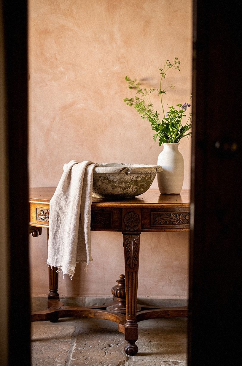 Float an antique-style sink over plaster walls