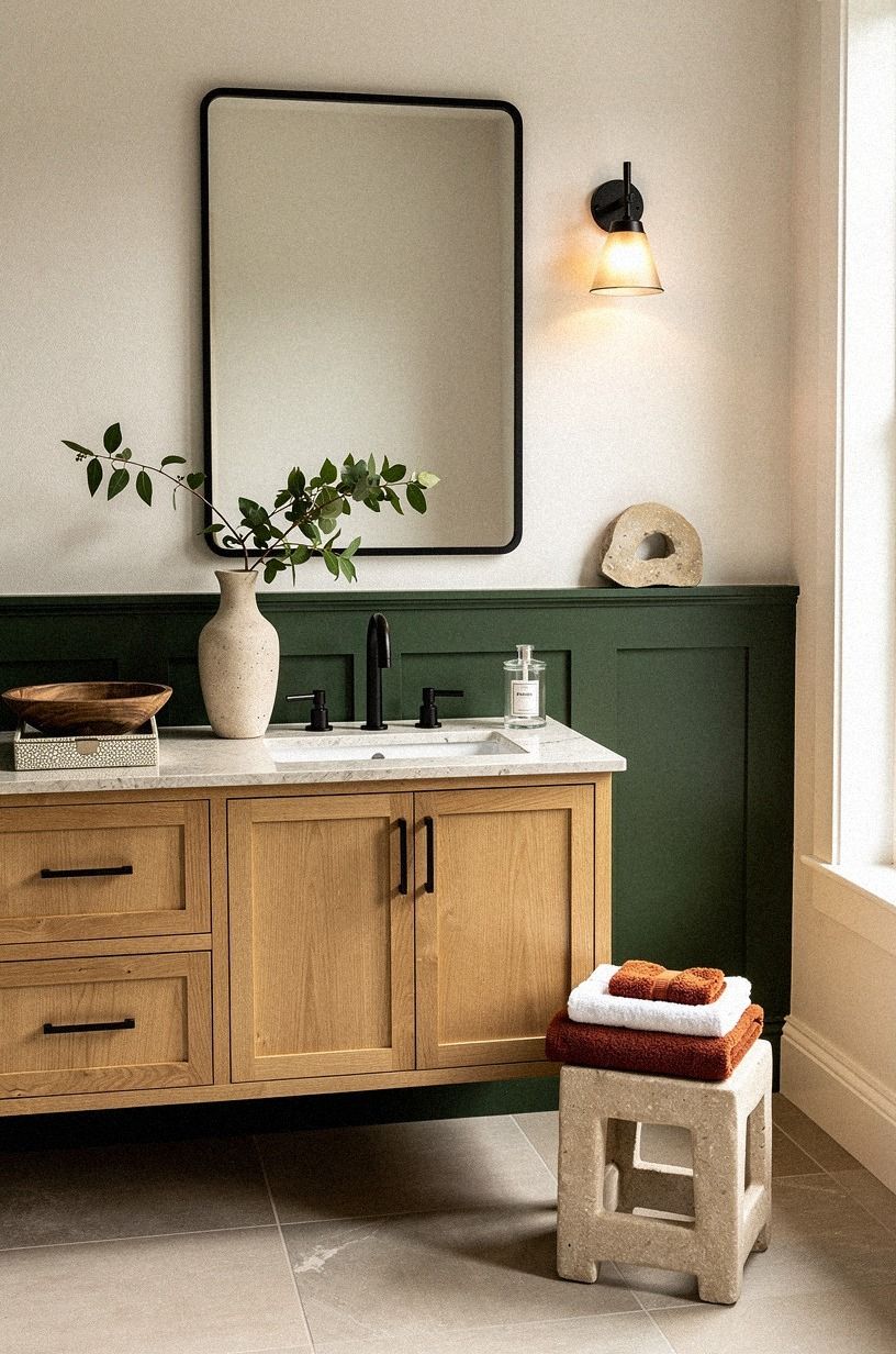 Build Bathroom Ideas With Wood Vanity and Black Accents