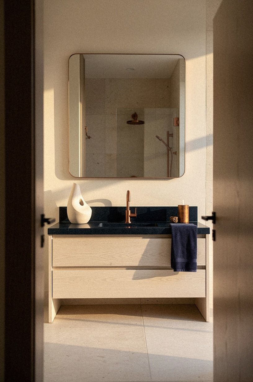 Choose a Modern Bathroom With Wooden Vanity and Zellige