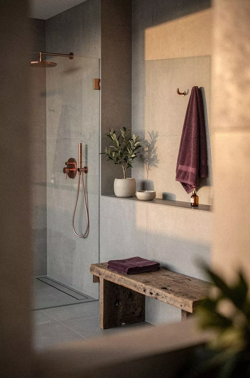 Add one plant to a japandi style shower room