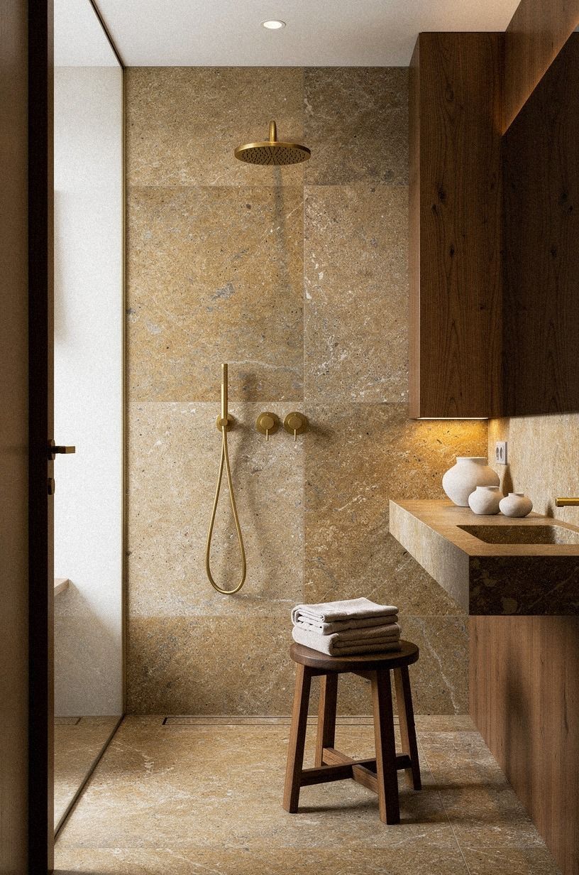 Layer a Japandi style shower room with warm stone