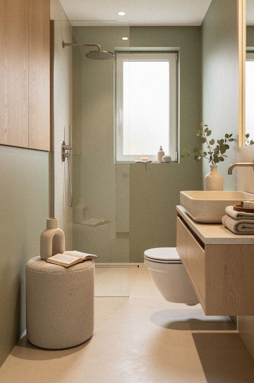 Which layout keeps an open shower calm in a small bathroom?