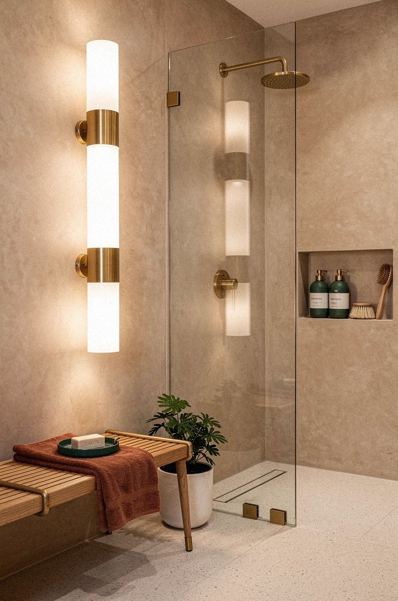 Why does the Three-Height Light Stack work in a beige shower room?