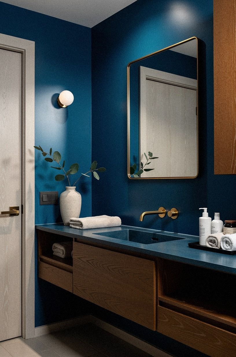 Paint the color-drenched blue bathroom shell