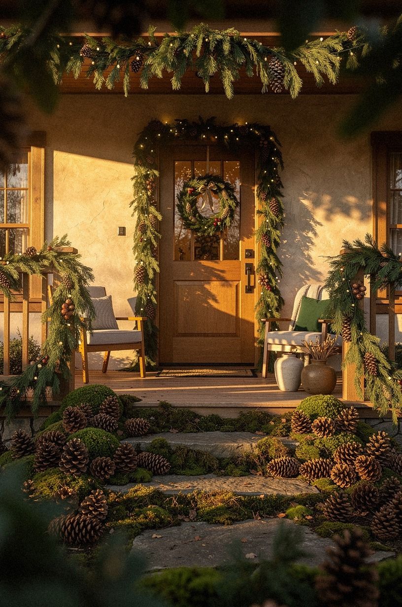 Anchor the base with pinecones and moss