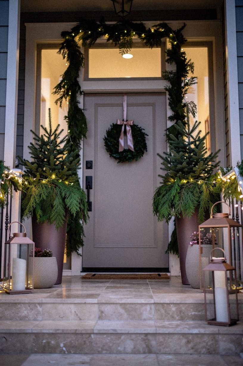 Layer cedar behind spruce for winter porch planters