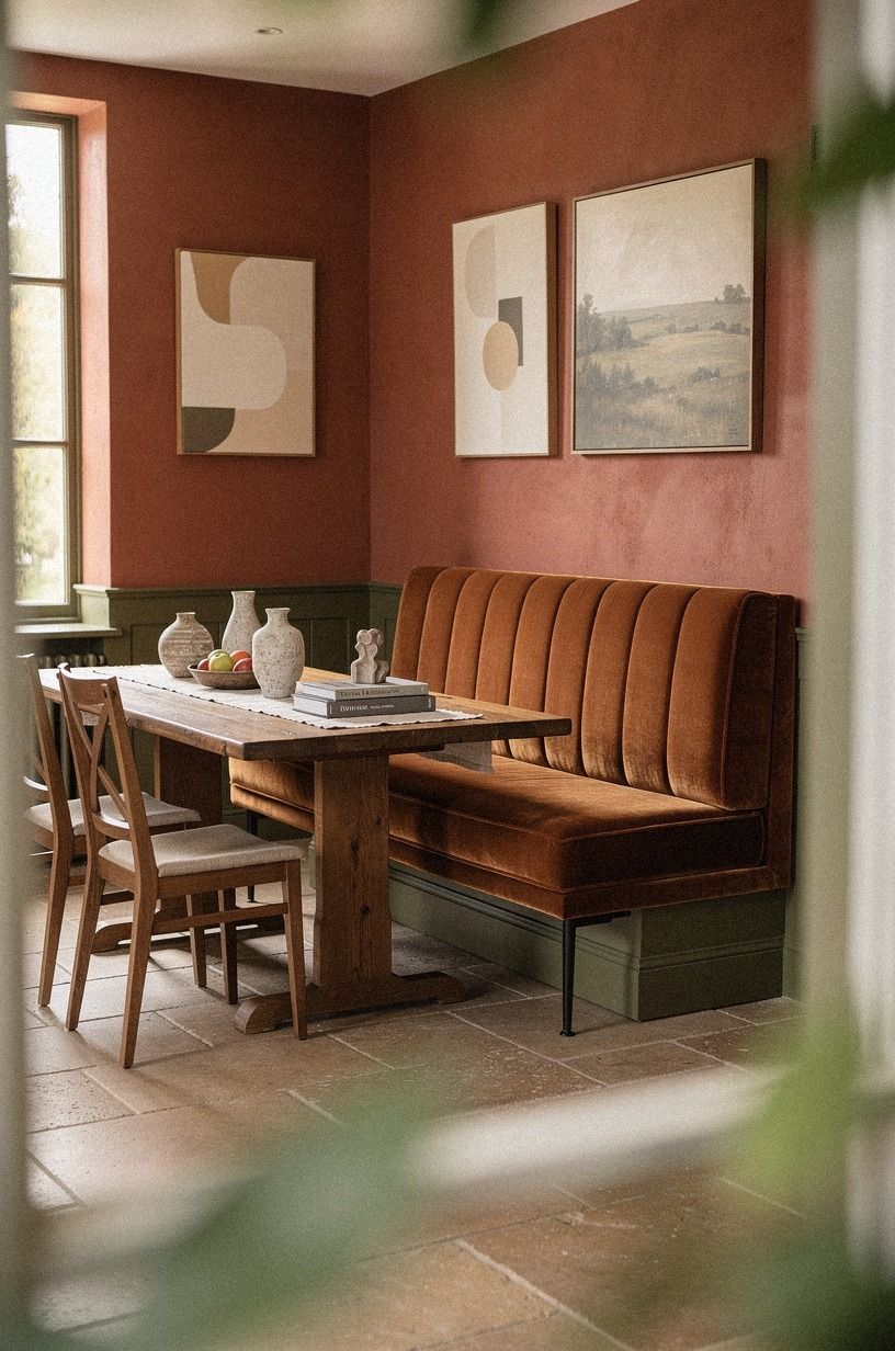 Build a banquette over a second sofa in a pub-style dining room