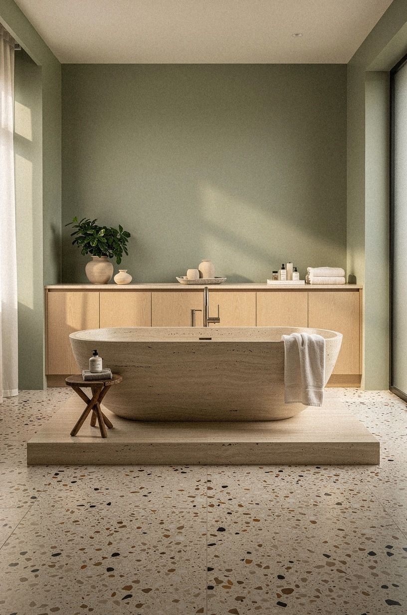 Anchor the tub on honed travertine