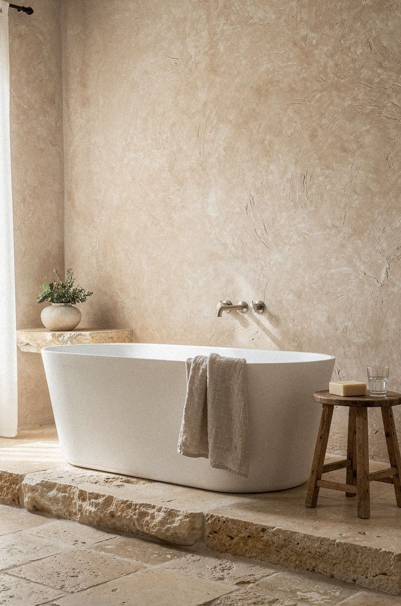 Let the tub breathe beside a plaster wall