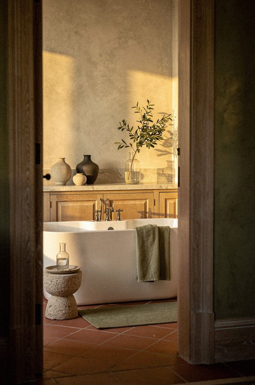 Pair a white tub with cerused oak
