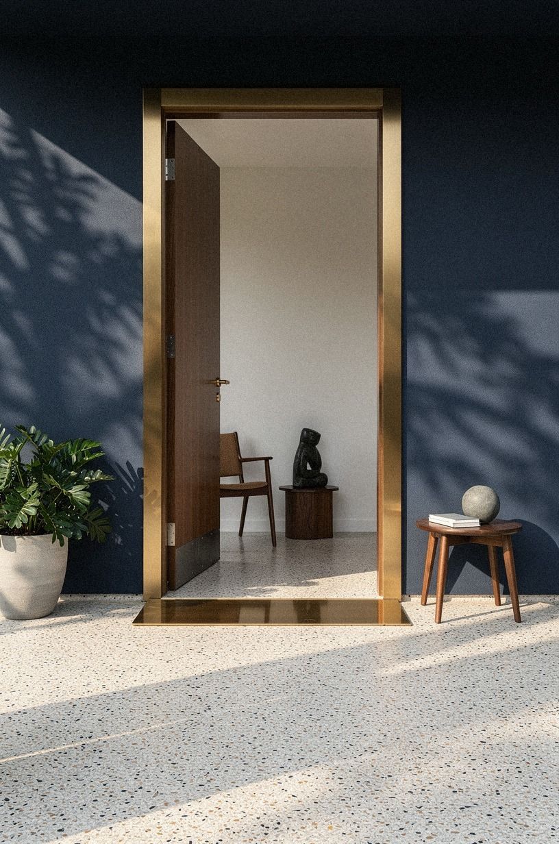 Frame the threshold with warm metal
