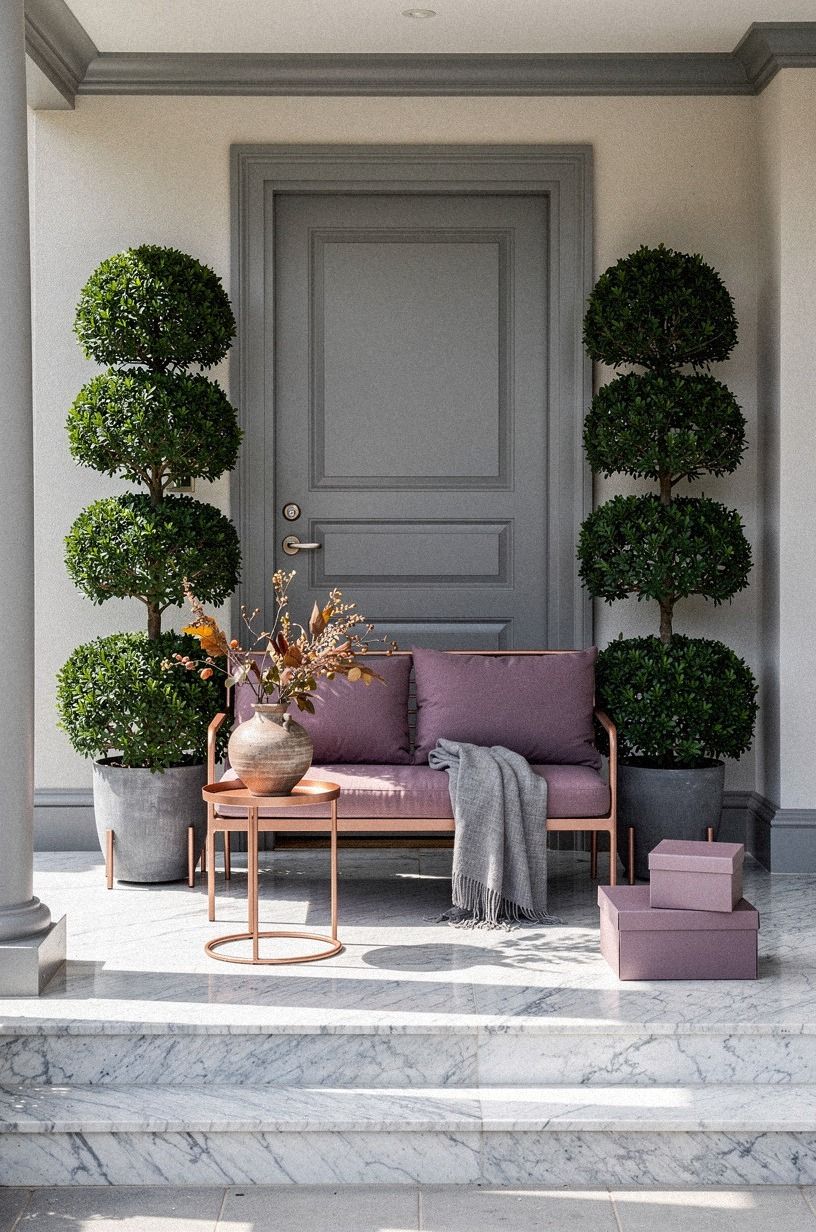 Anchor a Two-Height Topiary Pair at the Door
