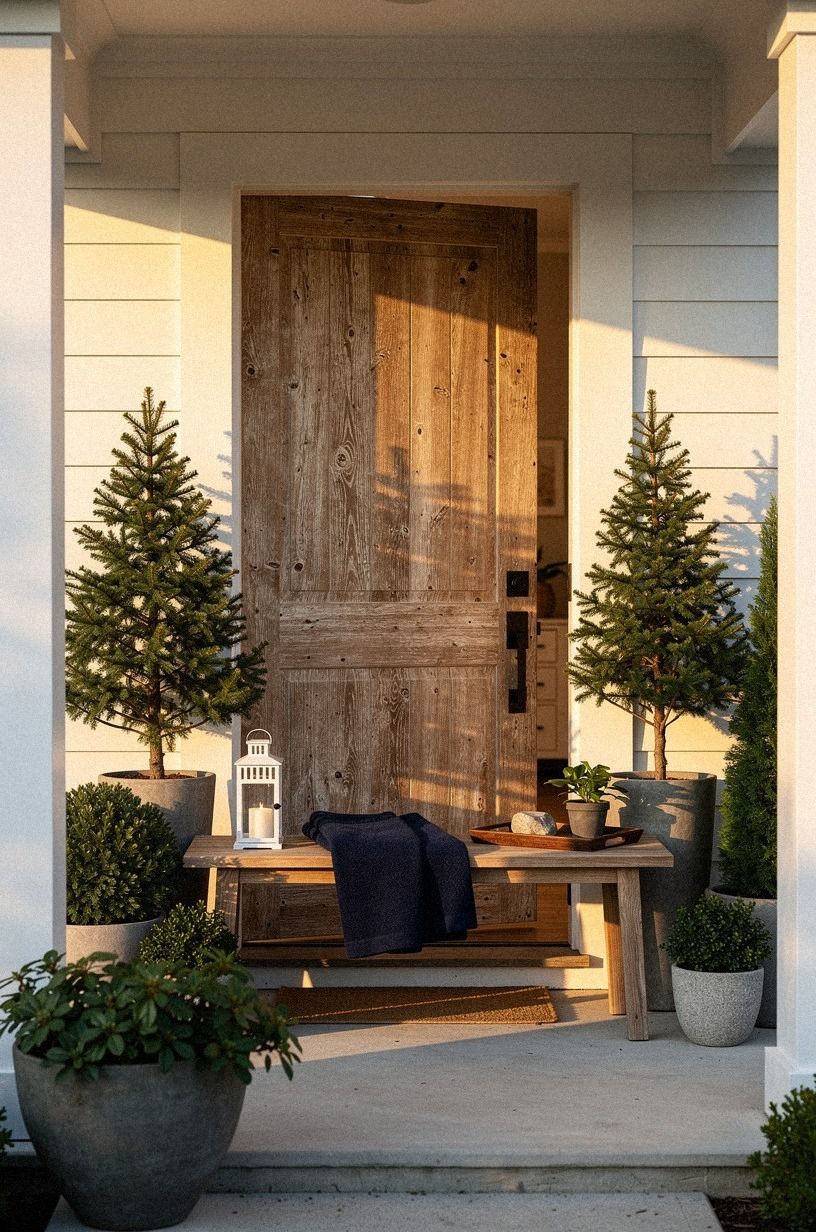 Layer Front Door Potted Trees With One Low Pot