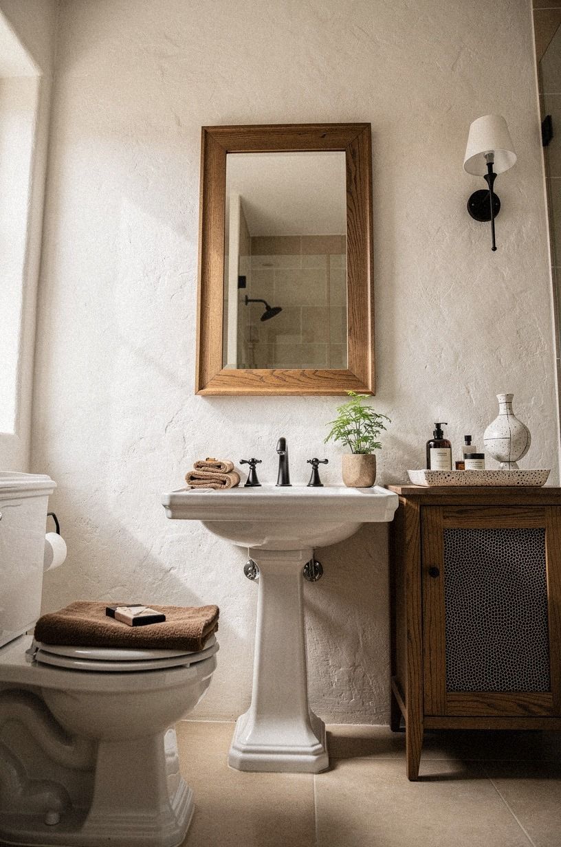 Build the Two-Wood Rule into a small Spanish style bathroom
