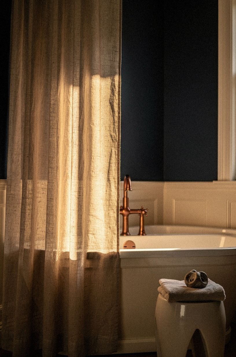 Hang a linen curtain beside the tub