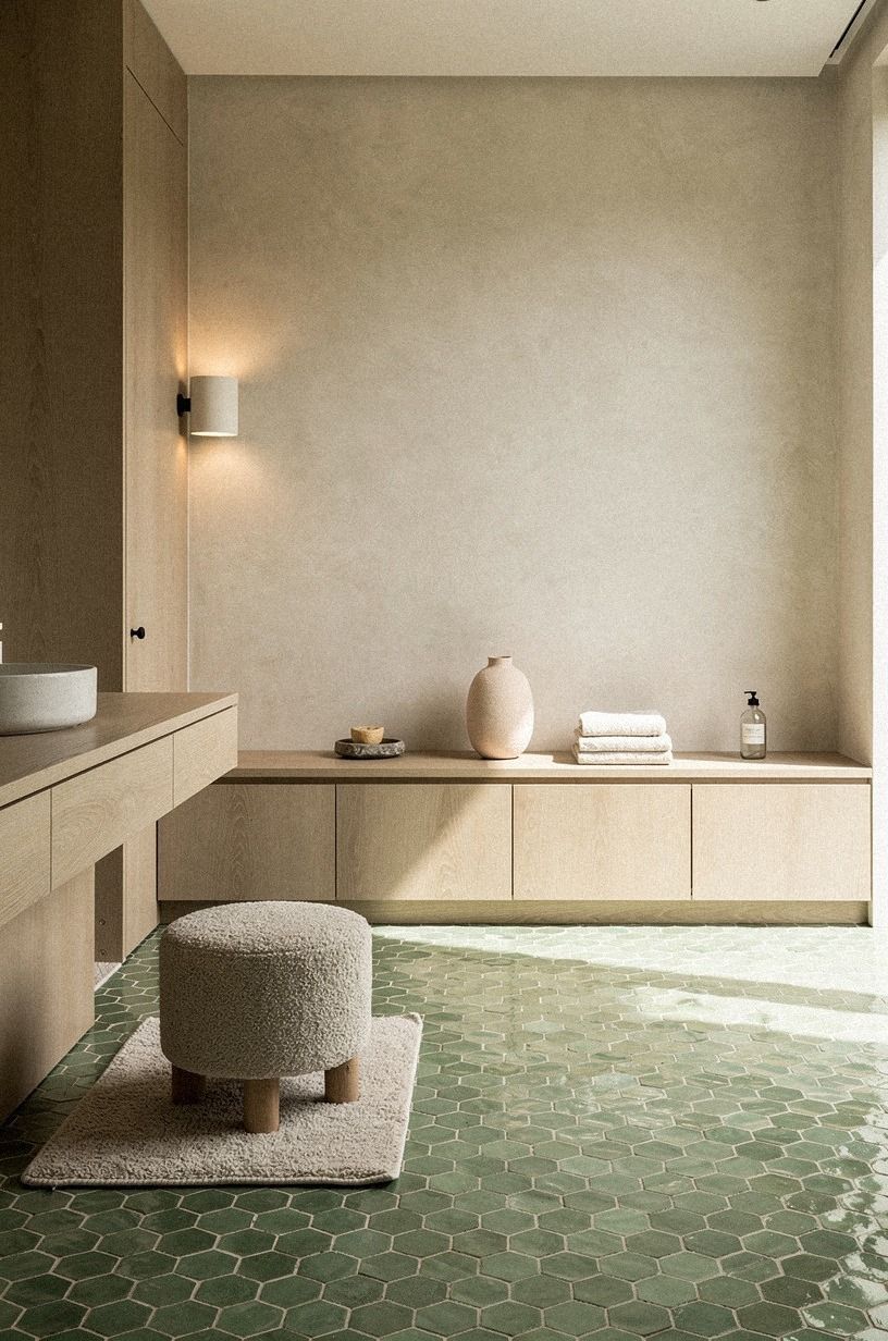 Mix zellige with a plaster-toned shower wall