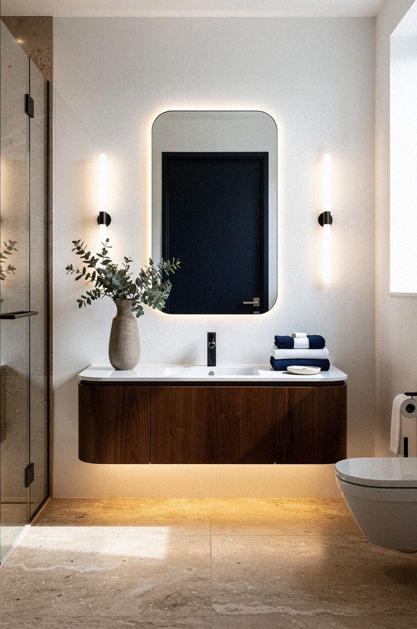 Swap a bulky cabinet for a floating organic small bathroom vanity