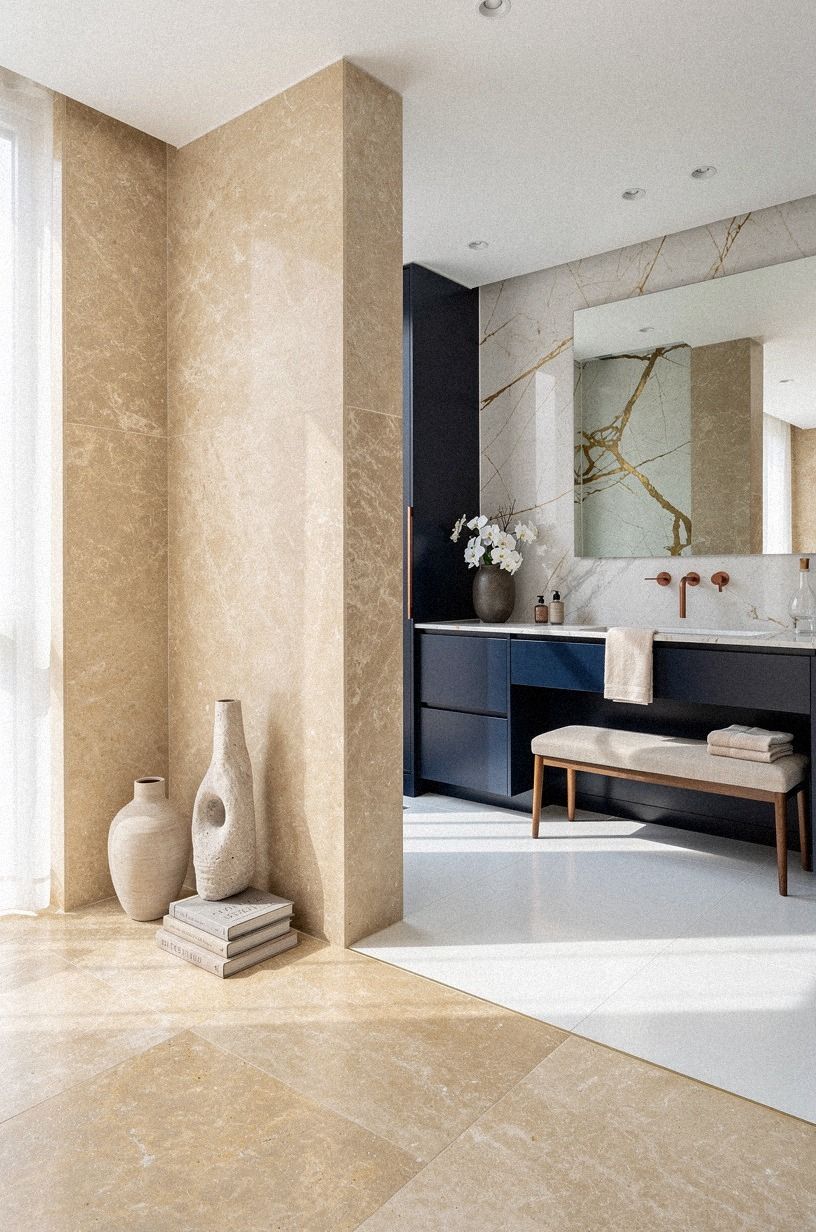Contrast Warm Limestone Over Cold White Tile