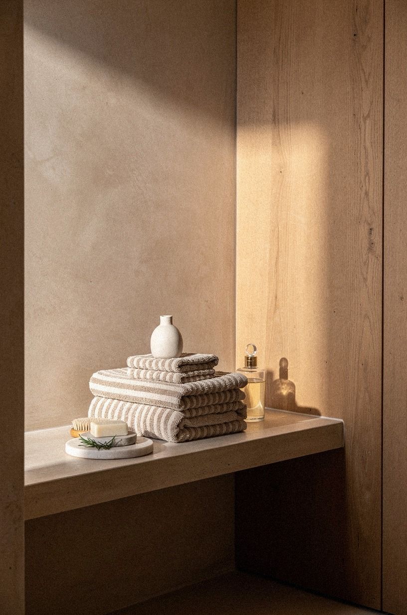 Float a clay shower wall beside warm oak