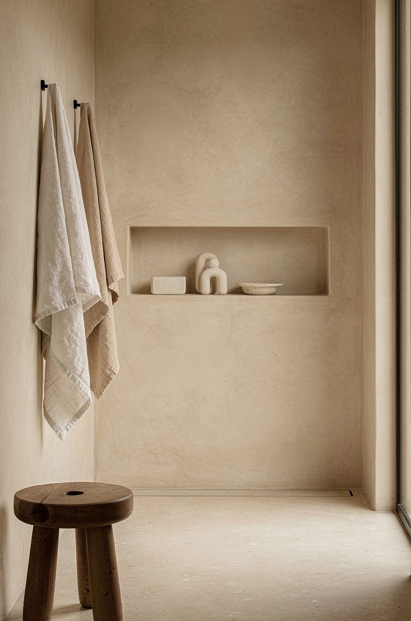 Hang Linen Against a Minimal Grout Bathroom