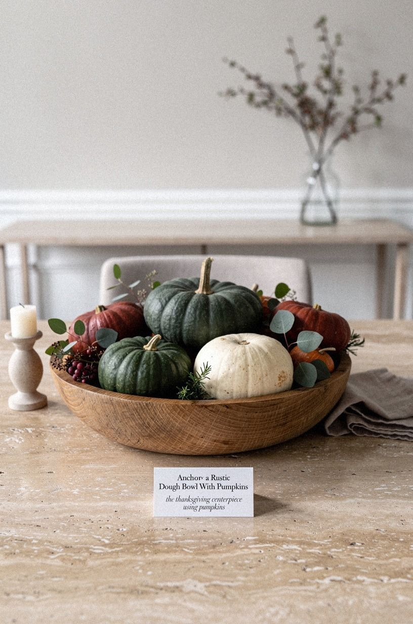 Anchor a Rustic Dough Bowl With Pumpkins