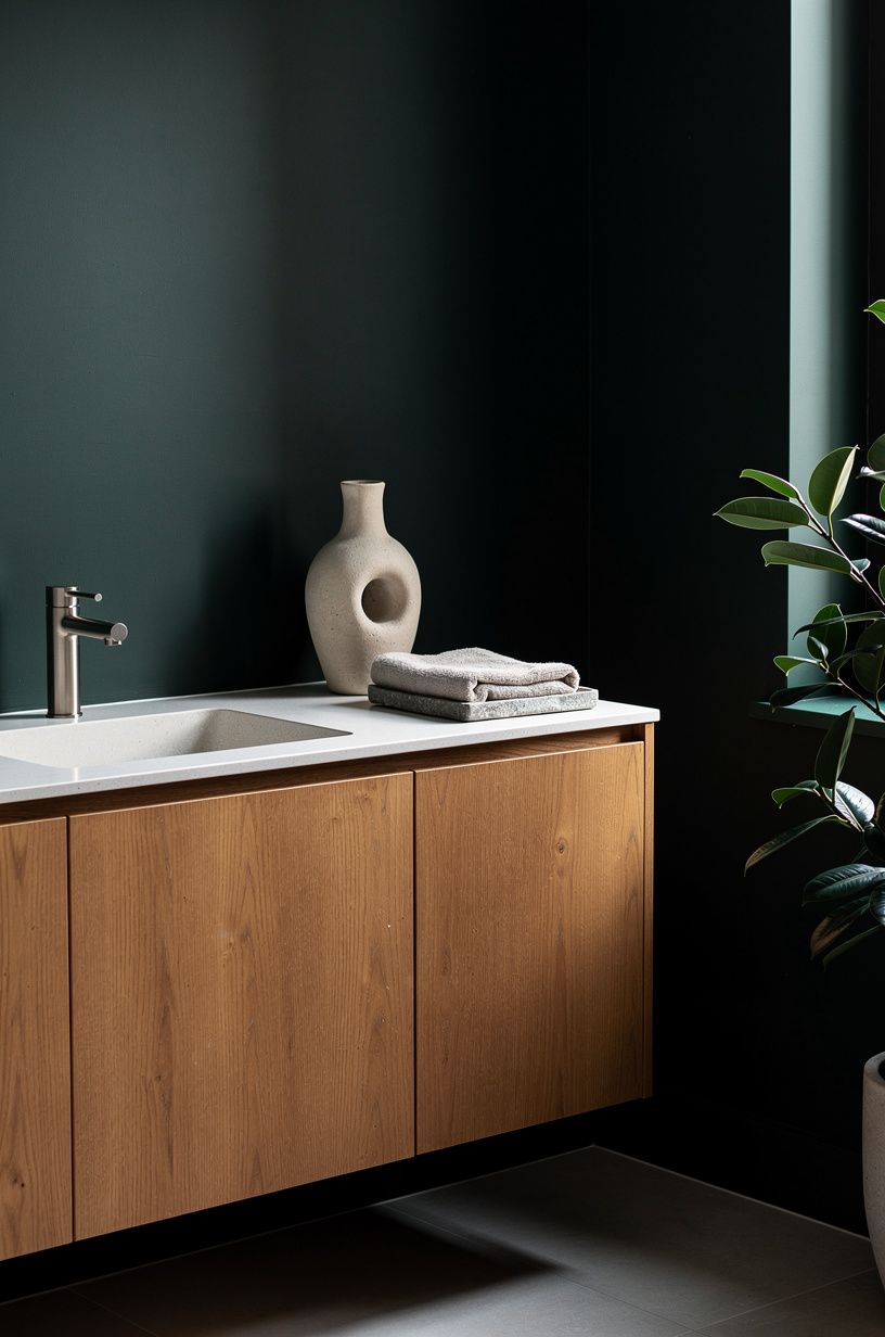 Anchor the room with a warm vanity